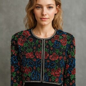 Vintage Stenay Beaded Floral Evening Jacket Black Cocktail Party Top‎ Women M